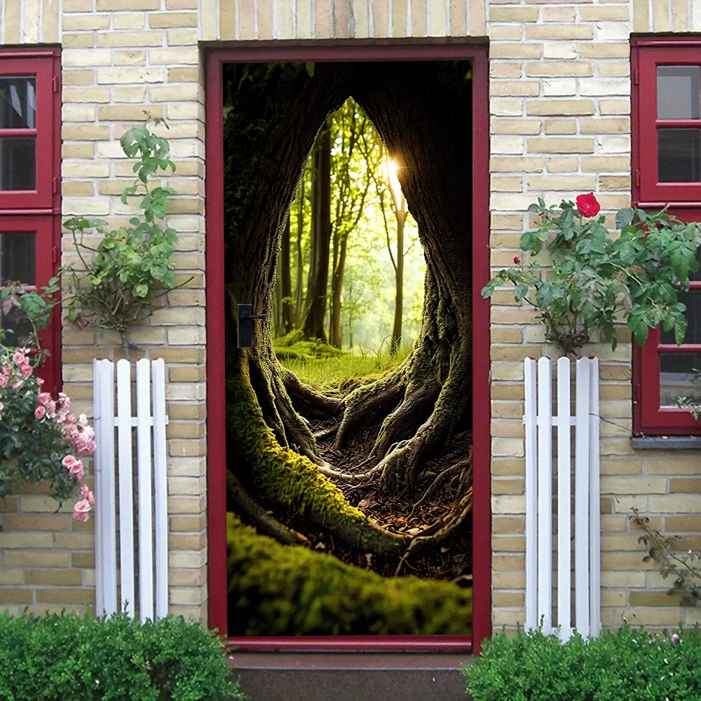 2pcs Magical Forest Tree Hole Wall Sticker Stereo Simulation Tree Stump Door Decal Self Adhesive Removable Eco Friendly PVC Material Living Room Entrance Background Wall Decor for Natural Woodland Atmo
