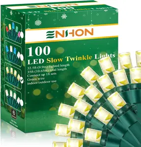 Slow Twinkling Christmas Light, 100 Lights 35 Ft Twinkle Pulsing Christmas, 5mm LED Wide Angle Soft Random Shimmering Set with Green Wire(Warm White,1 Pack)