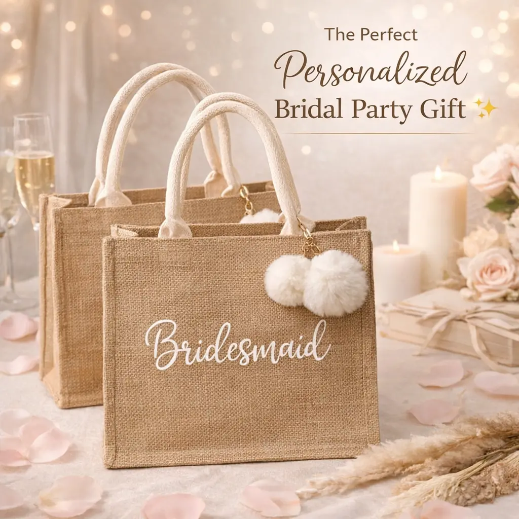 Taniri Women's Personalized Bridesmaid Burlap Tote Bag - Reusable, Plain, Durable Canvas Tote Purses with Name, Pom Poms, Maid of Honor Gift for Wedding, Bachelorette Weekend, Storage, Travel Purse, Stylish, Customized, Handle, Double Handle, Chic