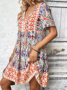 A women's printed V-neck boho chic dress, fashionable loose Bohemian short dress, suitable for summer, vacation, and daily casual wear.