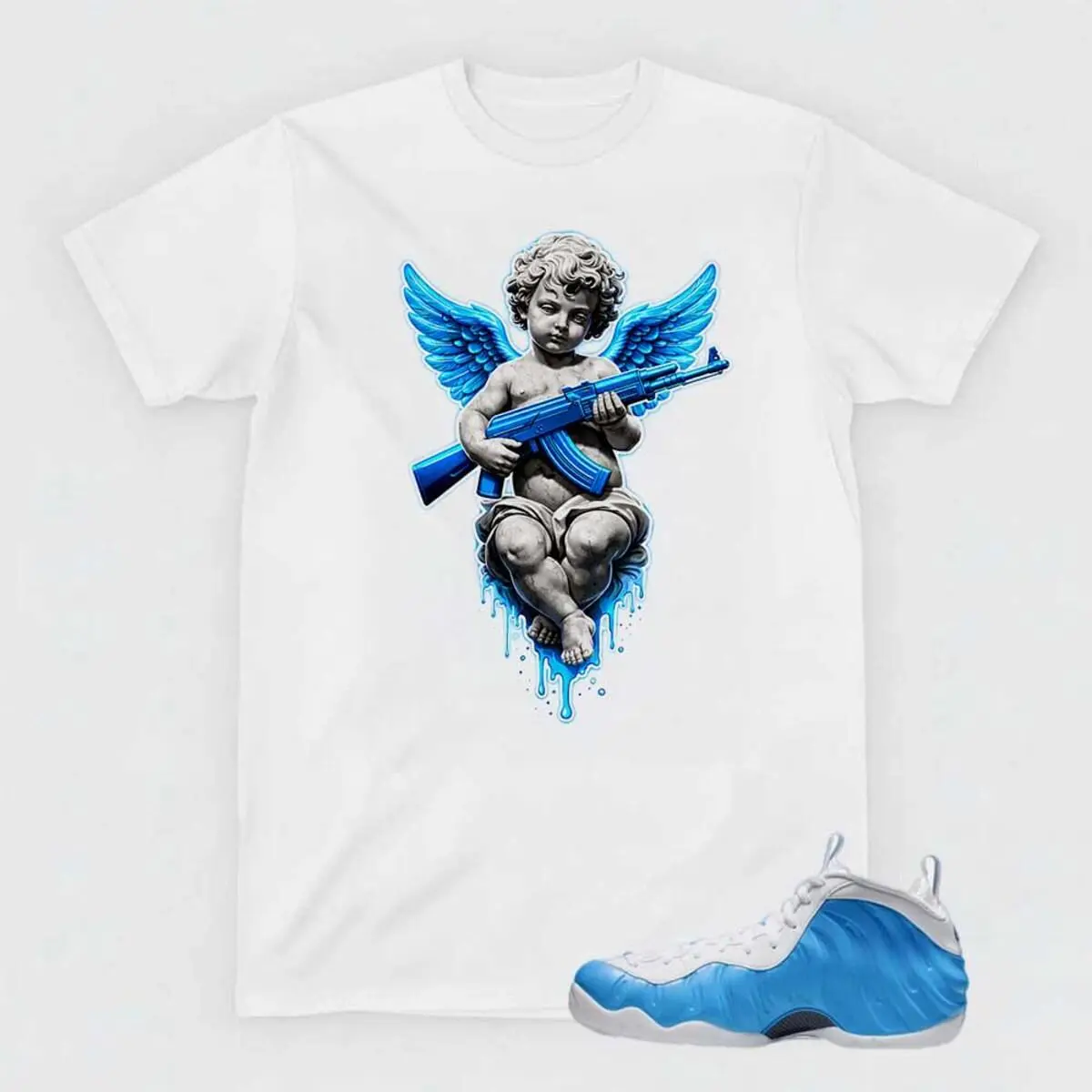Foamposite Pro University Blue Sneaker Matching Graphic Tee, Angel Shirt, Cherub Streetwear