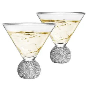 Diamond Studded Martini & Cocktail Glasses Set of 2, Rhinestone Diamonds Stemless Crystal Shiny Round Base, 10.5 oz, Shiny Style Crystal, Beautiful Hosting, Wedding, Everyday Rhinestones Glass Gold