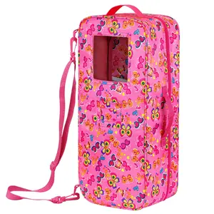 DEARBEI Butterfly Print Doll Carrier Backpack for 18 Inch Dolls Portable Storage Bag with Clear Window Adjustable Strap & Multi Pockets for American Girl 18 Doll Accessories Pink