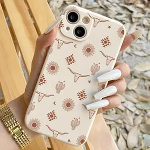 1pc Retro White Hollow Bohemian Style Western Cactus, Sun, Moon, Bull Pattern Soft Phone Case For iphone 16 Pro Max 15 Pro 14 Plus 13 12 11 X/Xs XS