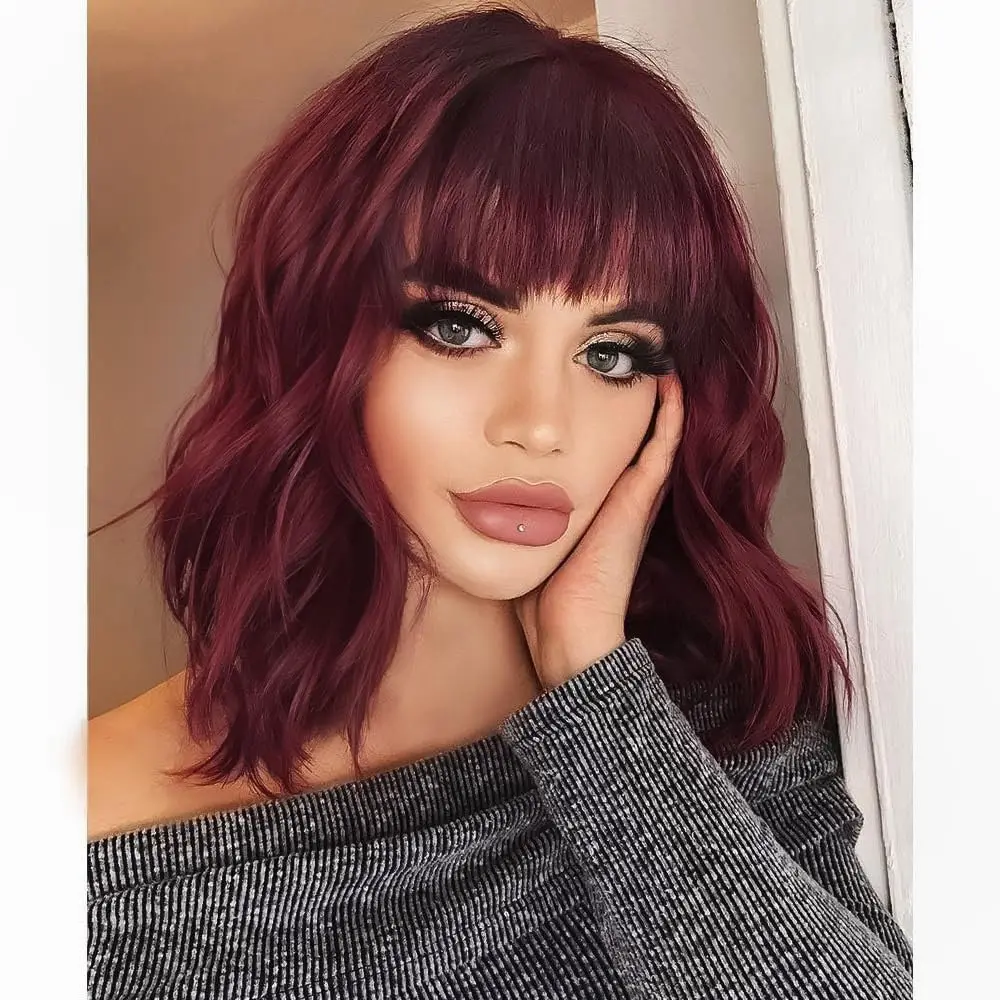 Eawwii Curly Bob Wig with Bangs Short Wavy Wine Red Color Wigs for Women Bob Style Synthetic Heat Resistant Bob Wigs Red Hair Wig Elegant Wigs