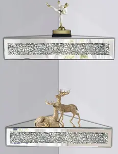Mirrored Floating Corner Shelf Set of 2 - Silver Mirror Crushed Diamond Decorative Wall Shelf, Crystal Diamond Wall Art Decor Accent Showcase for Home Decoration, 11.8"L*11.8"W*3.1"H