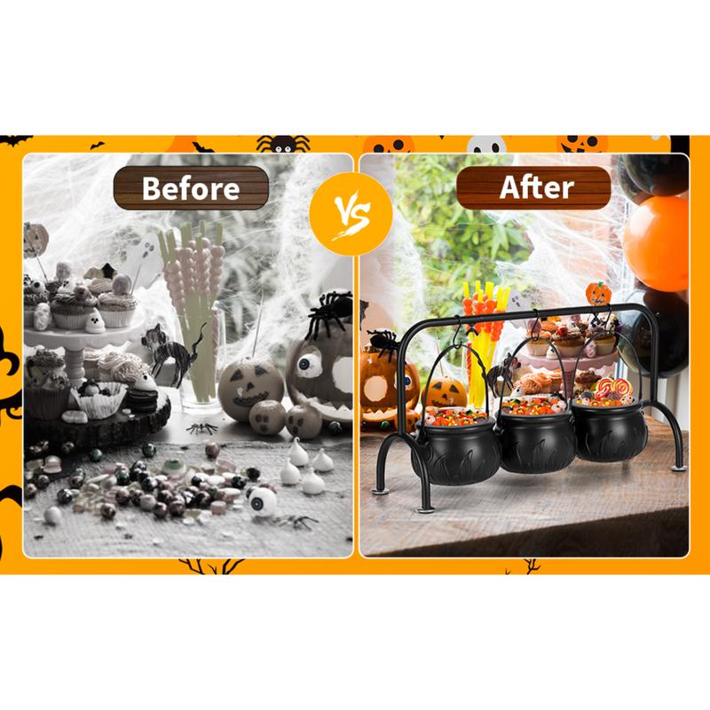 Halloween Tabletop Decoration Set of 3 Skeleton Cauldron Candy Bowls with Rack for Spooky Fun with Skeletons and Pumpkins Plastic Material