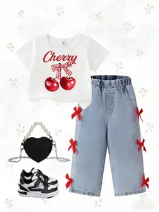 Girls Summer 2-Piece Set, Trendy Cherry Letter Pattern Round Neck Short Sleeve Top, Light Blue Denim Wide Leg Pants with Bow, Toddler