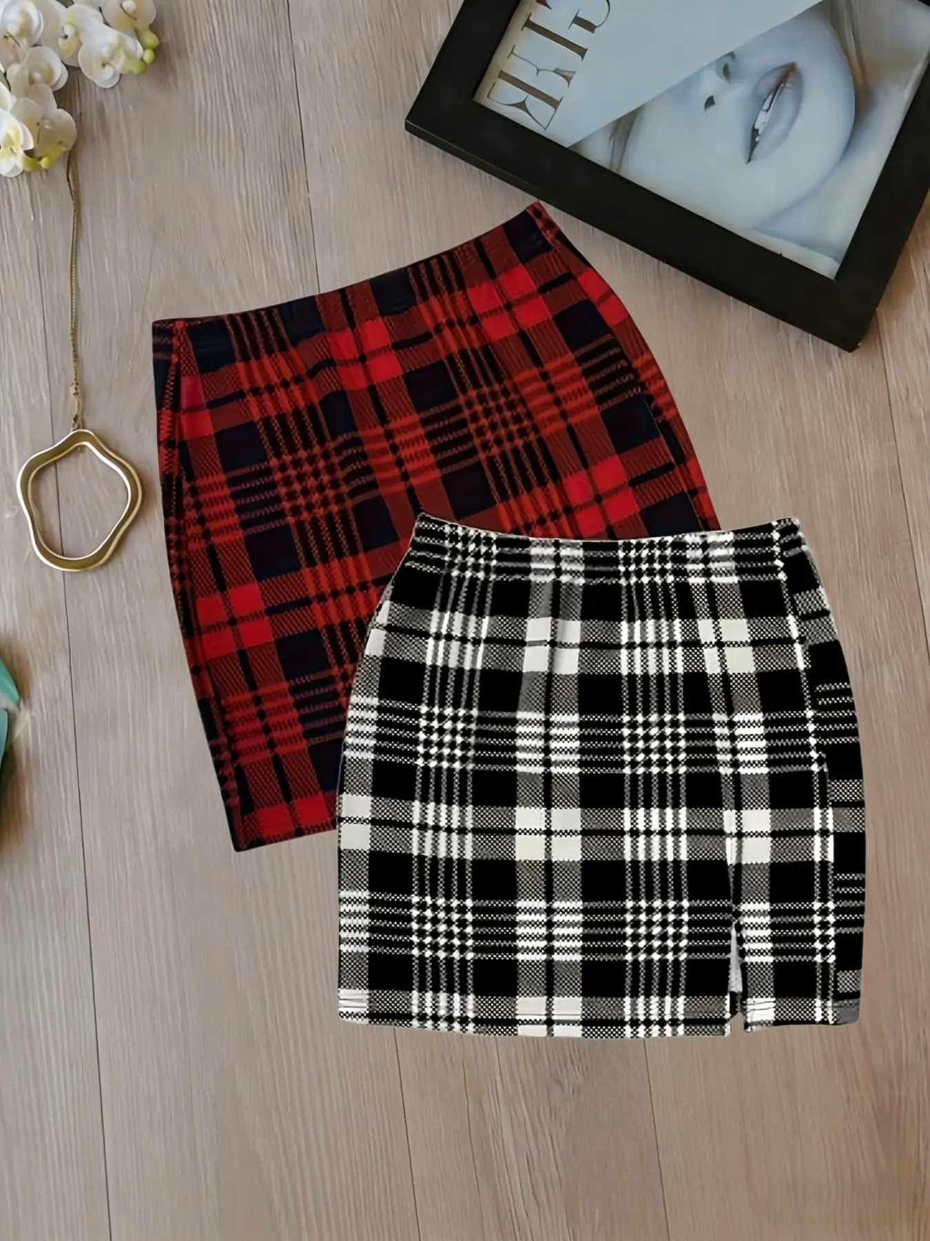 American Vintage Aesthetic Plaid Skirt Set, High Waist A-Line Short Skirt, College Style Slim Fit Half-Sleeve Dress, Two-Piece, Casual Everyday, Womenswear