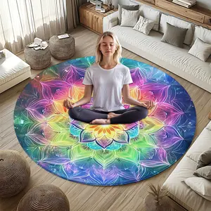 Galaxy Rainbow Mandala Print Round Rug, Flannel Meditation Cushion, Indoor Room Entrance Living Room Decor, Portable Outdoor Rest Pad