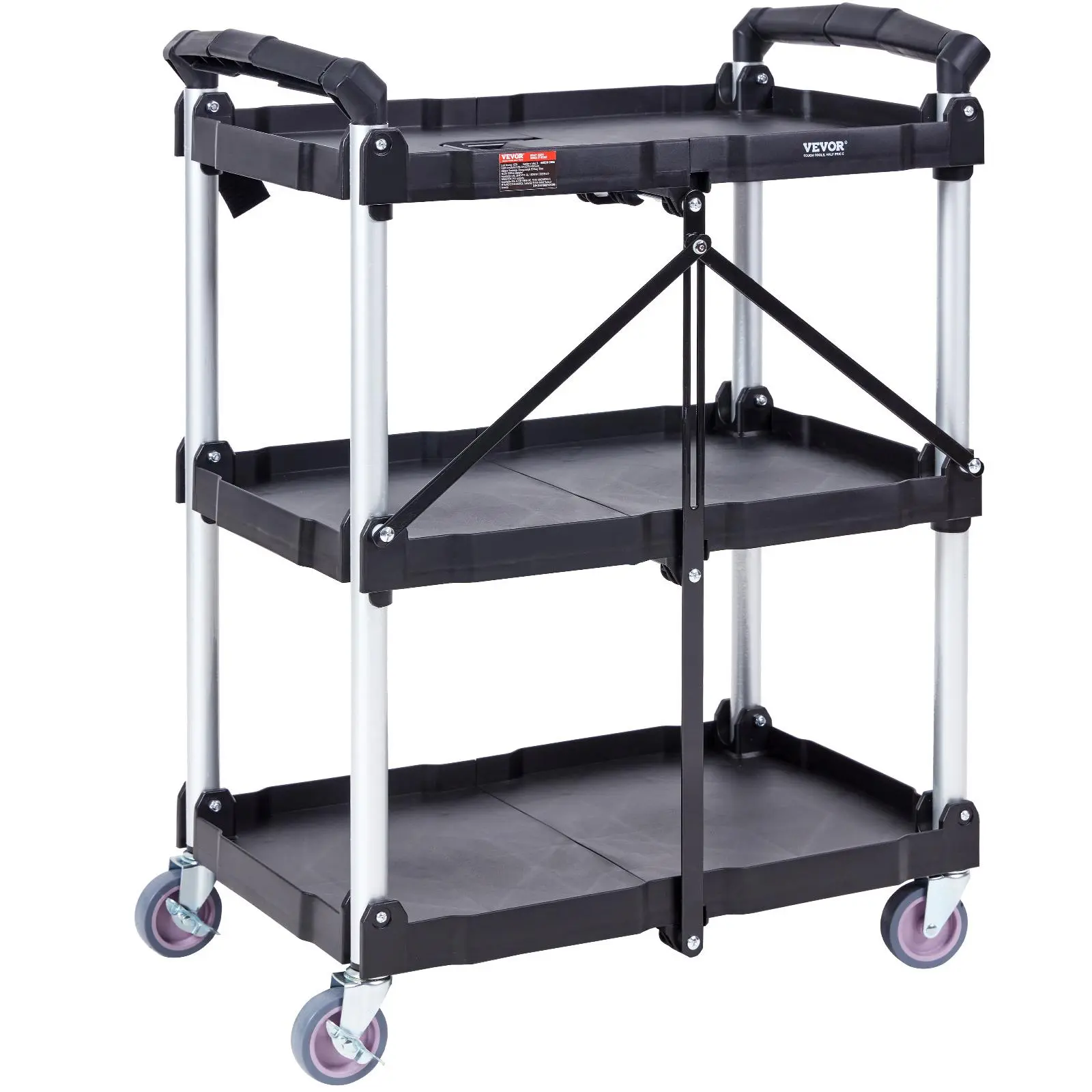 【Summerfinds】VEVOR Foldable Utility Service Cart, 3 Shelf 165LBS Heavy Duty Plastic Rolling Cart with Lockable Wheels, Ergonomic Handle, Portable Garage Tool Cart for Warehouse/Office/Home(25.62"x15.43"x32.76")
