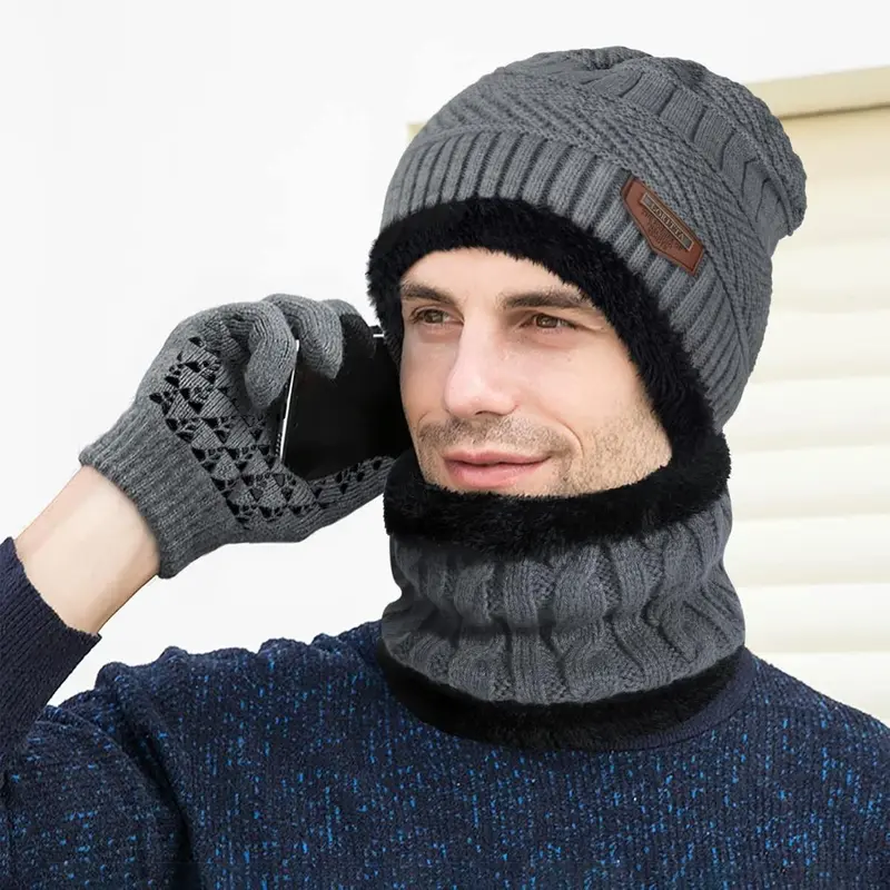 ‌3 Piece Winter Hat Scarf Gloves Set for Men Soft Knit Thermal Accessories Snowfall Outdoor Sports Warmth‌ Travel Coordinated