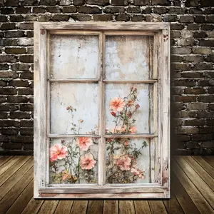 A 2D Flat Vintage Floral Frame Painting with Openable Window Frame Design - Country Pink and Peach Flowers Inlaid on Aged Textured Glass, Farmhouse Modern Style Hand-Painted Print, Suitable for Living Room, Bedroom, Office, Cafe Decoration - Easy to Insta