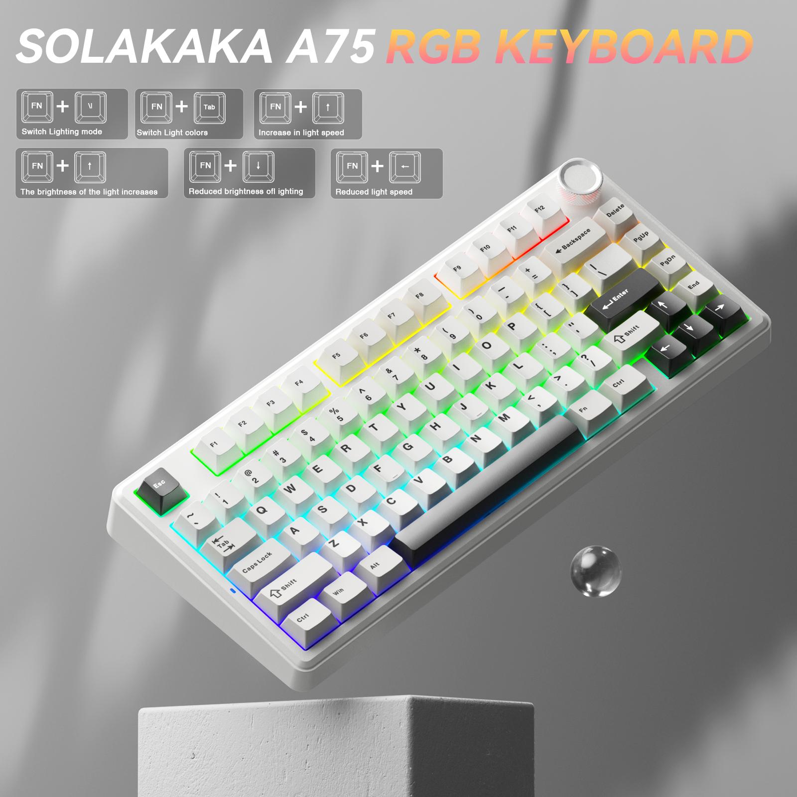 SOLAKAKA A75 75% Wireless Mechanical Keyboard – Hot-swappable RGB gaming keyboard with a sealed design, smooth feel, PBT keycaps, and rotary controls. A creamy keyboard suitable for PC/Mac gaming devices.