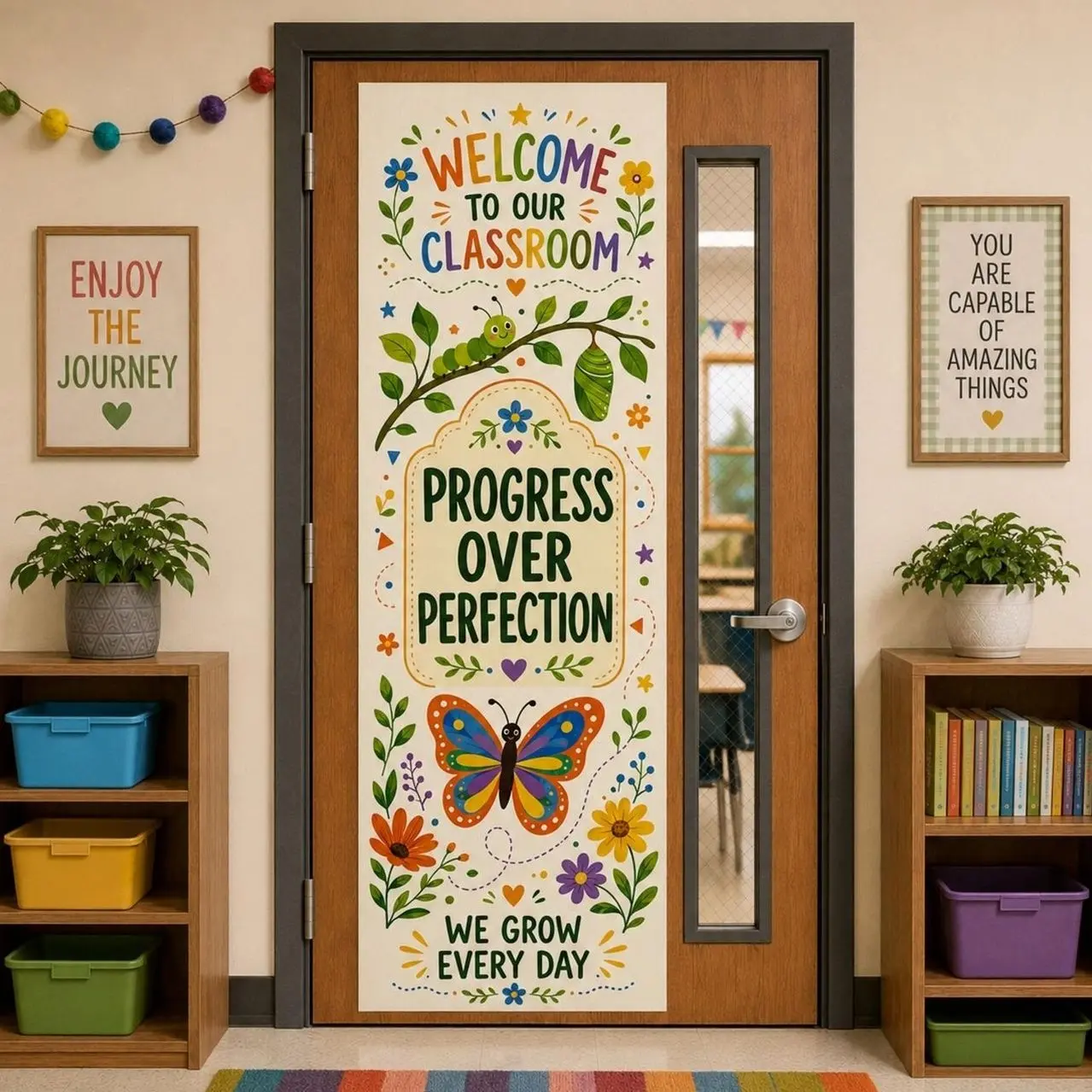 Growth Mindset Door Tapestry, Polyester Linen Classroom Banner, Back To School Decor