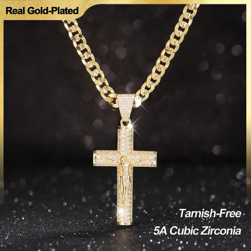 Holylegend 14K Real Gold-Plated Mens Christian Durable Necklace - Advanced Nanotech Tarnish-Free Miami, Cuban, Figaro, Rope Chains with Jesus Crucifix Pendant, 24in Daily Wear Gold Jewelry, Mens Gifts