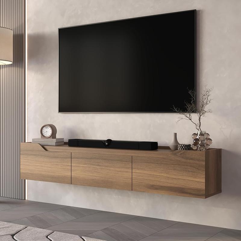 Atelier Mobili Walnut Floating TV Stand for 75 Inch TVs - Modern Entertainment Center with Cable Management for Living Room