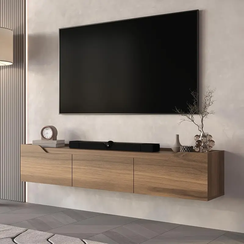 Atelier Mobili Walnut Floating TV Stand for 75 Inch TVs - Modern Entertainment Center with Cable Management for Living Room