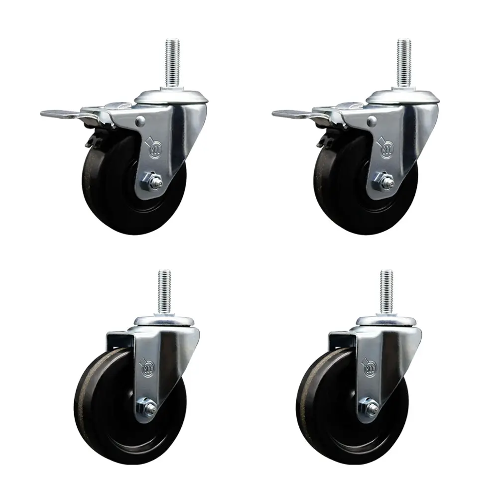 Service Caster SCC-TSTTL20S414-PHR-58212-2-S-2 Commercial Phenolic Swivel Threaded Stem Caster Set of 4, 4x1.25 in. Chemical Resistant Black Wheels, 0.63 in. Stems, Ball Bearing Design, 2 with Total Locking Brake for Carts, High Load Capacity, Industrial,