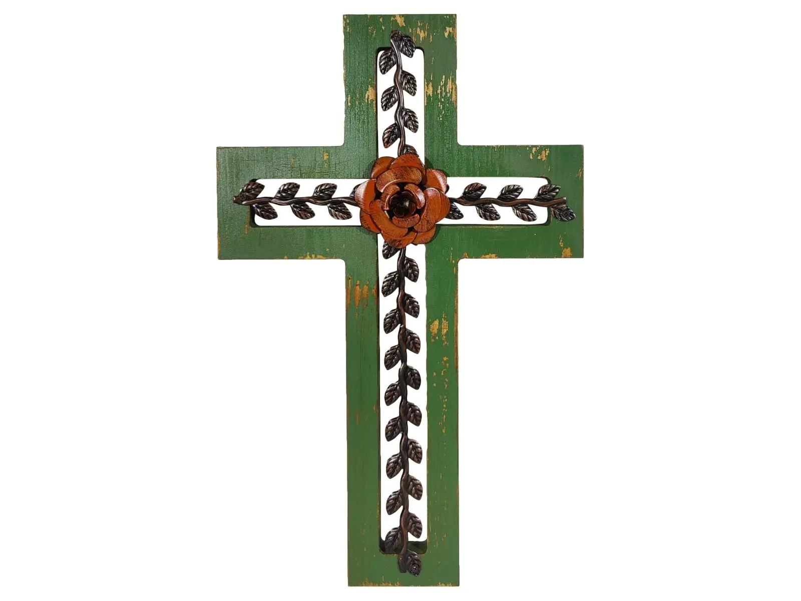 De Leon Collections 14547 Rustic Faith Vintage Wooden Green Cross with Red Rose, Christmas Gift Wood Branch Hanging Wall Decoration, Home Decor