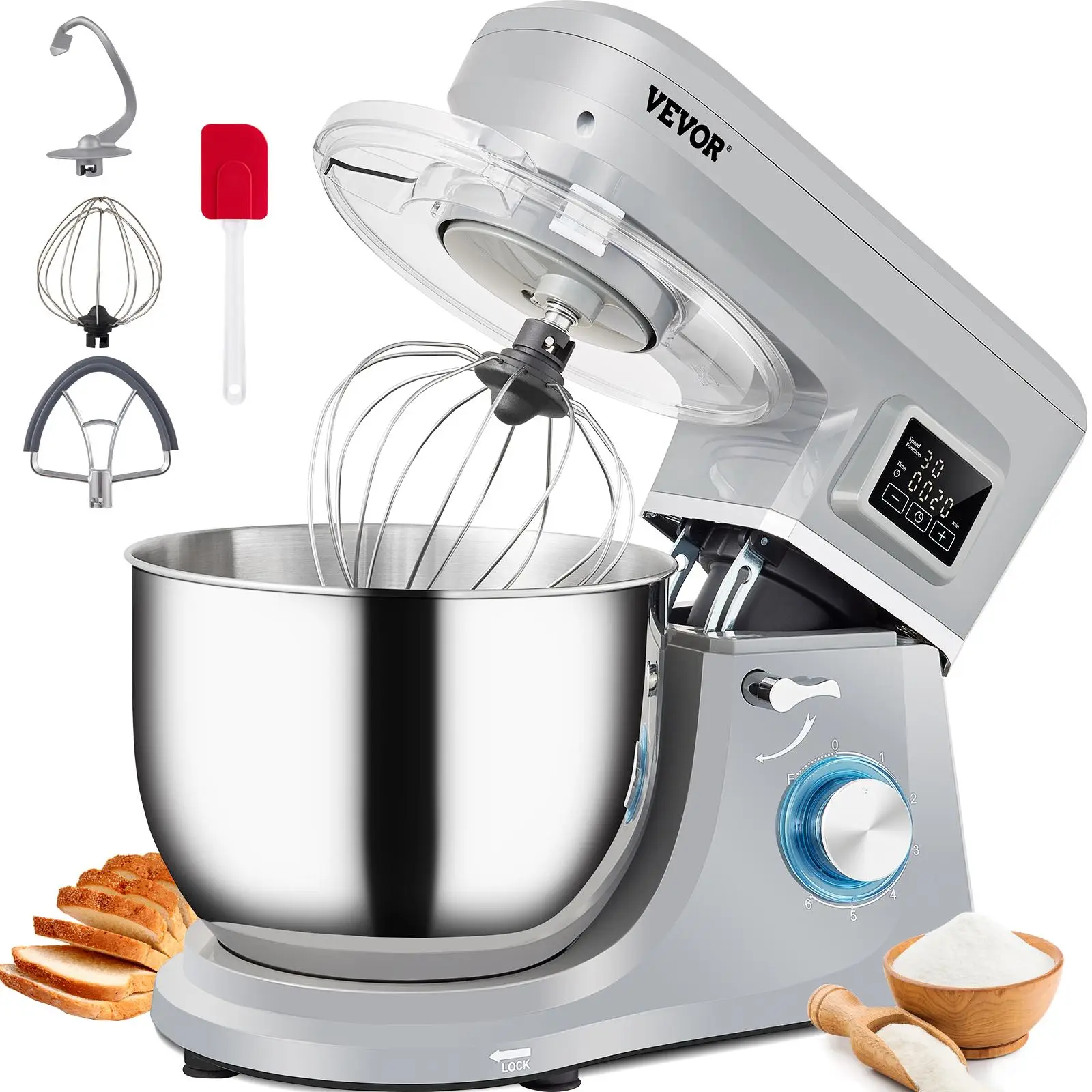 VEVOR Stand Mixer, 660W Electric Dough Mixer with 6 Speeds LCD Screen Timing, Tilt-Head Food Mixer with 7.4 Qt Stainless Steel Bowl, Dough Hook, Flat