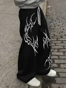 Gothic Print Elastic Waist Pants, Stretchy Casual Streetwear Vintage Style Straight Leg Joggers, Perfect Fashion for Fall & Winter