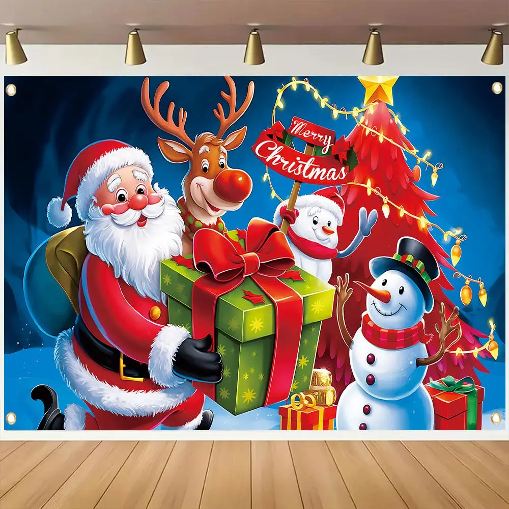 1pc Soft Polyester 2D Flat Christmas Photography Backdrop Banner - Durable Santa & Snowman Holiday Theme, 4-Hole Hanging Decoration, Glam Multi-Use Indoors Textile Wall Ornament