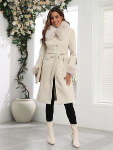 women's solid color belted pocket thermal overcoat, elegant fashion tailored silhouette contrast faux fur trim button decor coat for daily outdoor wear, woolen goods, winter clothes women 2024, women clothing for fall & winter outerwear