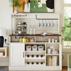 47" Coffee Bar Cabinet with Storage Farmhouse Buffet Cabinet with Power Outlets/Wine & Glass Rack Wine Bar Sideboard Cabinet Large Buffet Sideboard Storage Shelf for Dining Room/Living Room