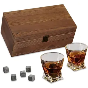 Elegant Twisted Crystal Whiskey Glass Set with 9 Ice Cubes and Wooden Box - Fashionable Classic Drinkware Suitable for Whiskey Enthusiasts