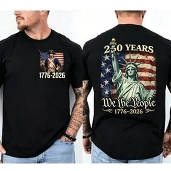 Women's Oversized Round Neck Short-Sleeve Breathable Cotton Fabric T-Shirt - 1776-2026 We The People Statue Of Liberty Revolutionary Soldier Double Sided Graphic, Vintage USA Flag Patriotic Tee for 250th US Independence Anniversary, Valentine’s Day Gift,,