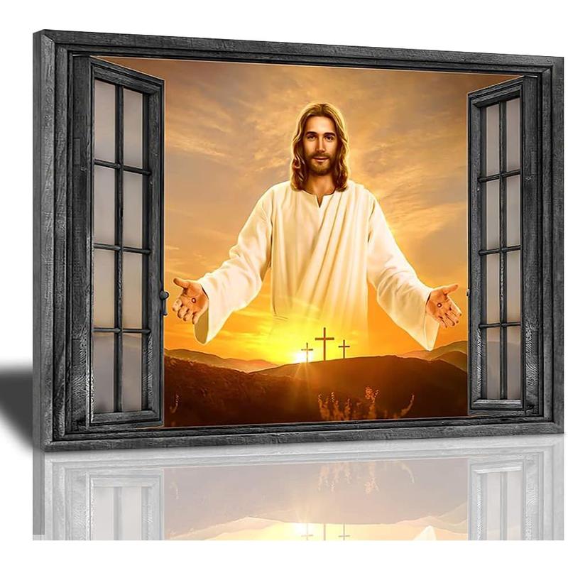 1 Count Jesus Christ Canvas Wall Art Jesus Greets You Welcome Back Window View Sunset Poster Christian Religious Modern Artwork Christ Spiritual Prints Framed Wall Decor For Bedroom Living Room 16x24inch