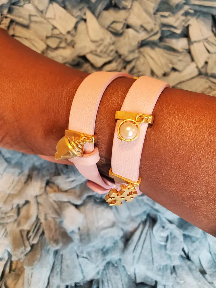 Pink Leather Wrap Belted Bracelet with Gold-Plated Metal Accents Tory Burch Signature Brand New