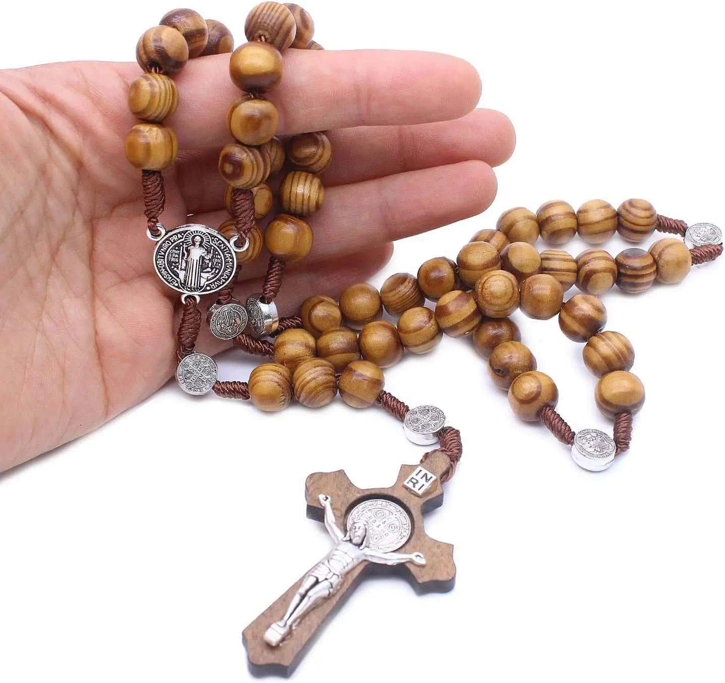 Wooden Rosary Beads Catholic for Men, Saint Benedict Medal and Cross - Comes in Gift Pouch and 18pcs Prayer Cards