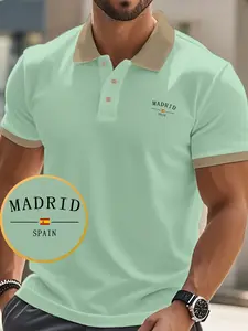 Trendy Versatile Golf Shirt, Madrid Travel Souvenir Men's Polo, Retro City Print Casual Top, Short Sleeve Slim Fit, Spring & Fall