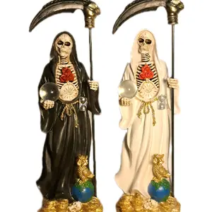 Santa Muerte Statue 13 Inch with Evil Eye Protection Black & White Options Religious Decoration Gold Plated Crucifix Ornaments for Home Office Decor