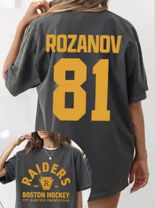 Unisex Charcoal Boston Raiders Hockey T-Shirt, Player ROZANOV #81 Name & Number Dual-Print Apparel, Retro Distressed Team Themed Graphic Oversized Tee, Relaxed Fit Daily Wear, Perfect for Hockey Game Nights
