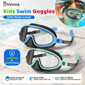 [Summervibes]Vvinca Swim Goggles 2 Pcs with Nose Cover for Ages 3-12+ Kids,Youth,UV Protection Anti-Fog Wide View Anti-Shattered Lens for Boys and Girls - Safety anti-uv swim glass anti-fog swimming goggles for Lake,Beach, Summer Party