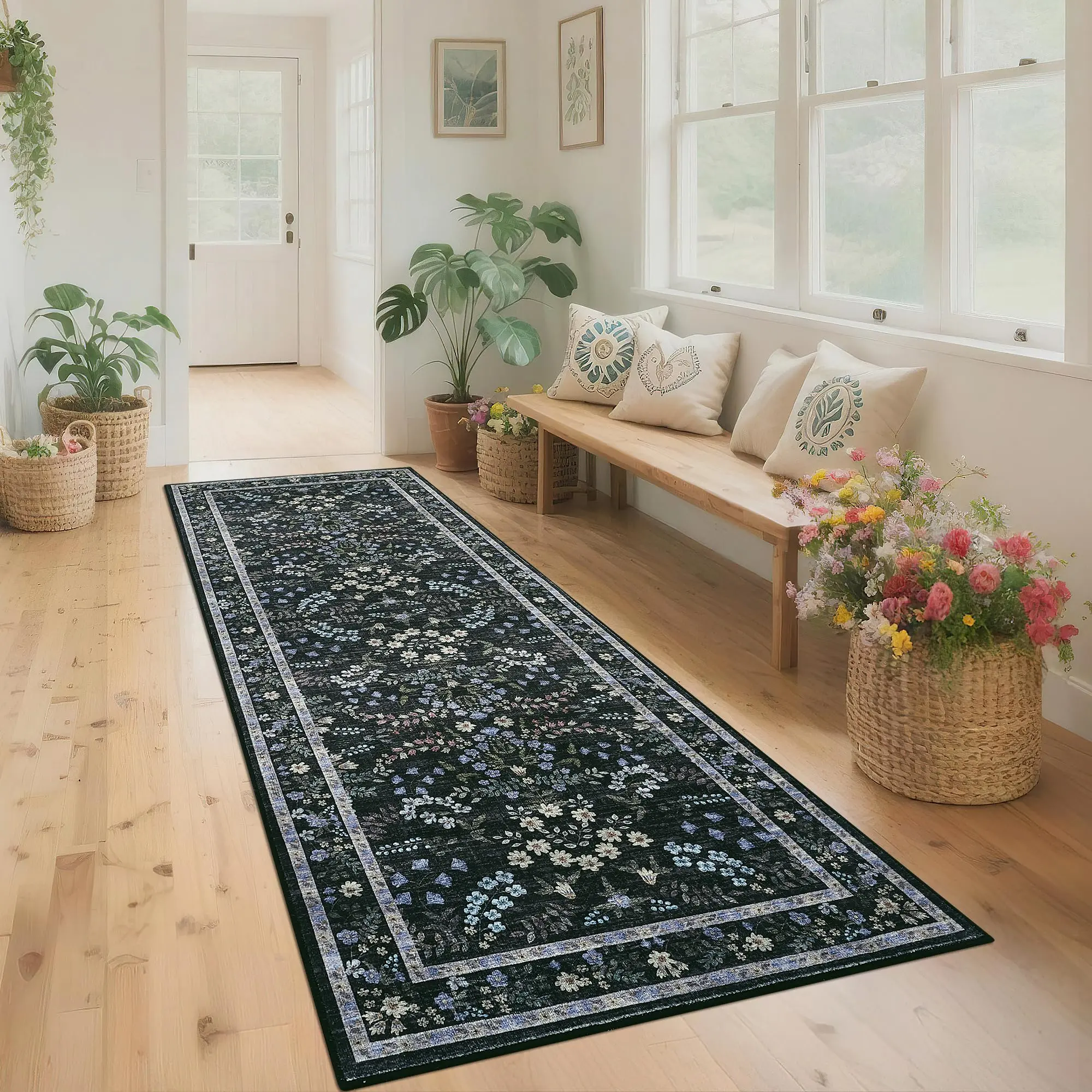 GARVEE Machine Washable Vintage Black Runner Rugs Indoor Non Slip Low Pile Carpet for Bedroom Bathroom Soft Floor Mat Farmhouse Office Decor 2x6ft