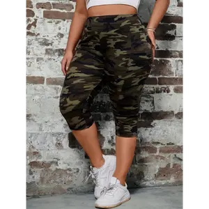 Plus Size Camo Print Capri Leggings, Casual Every Day Stretchy Women's Clothing Fabric Womenswear Bottom Polyester Army Green