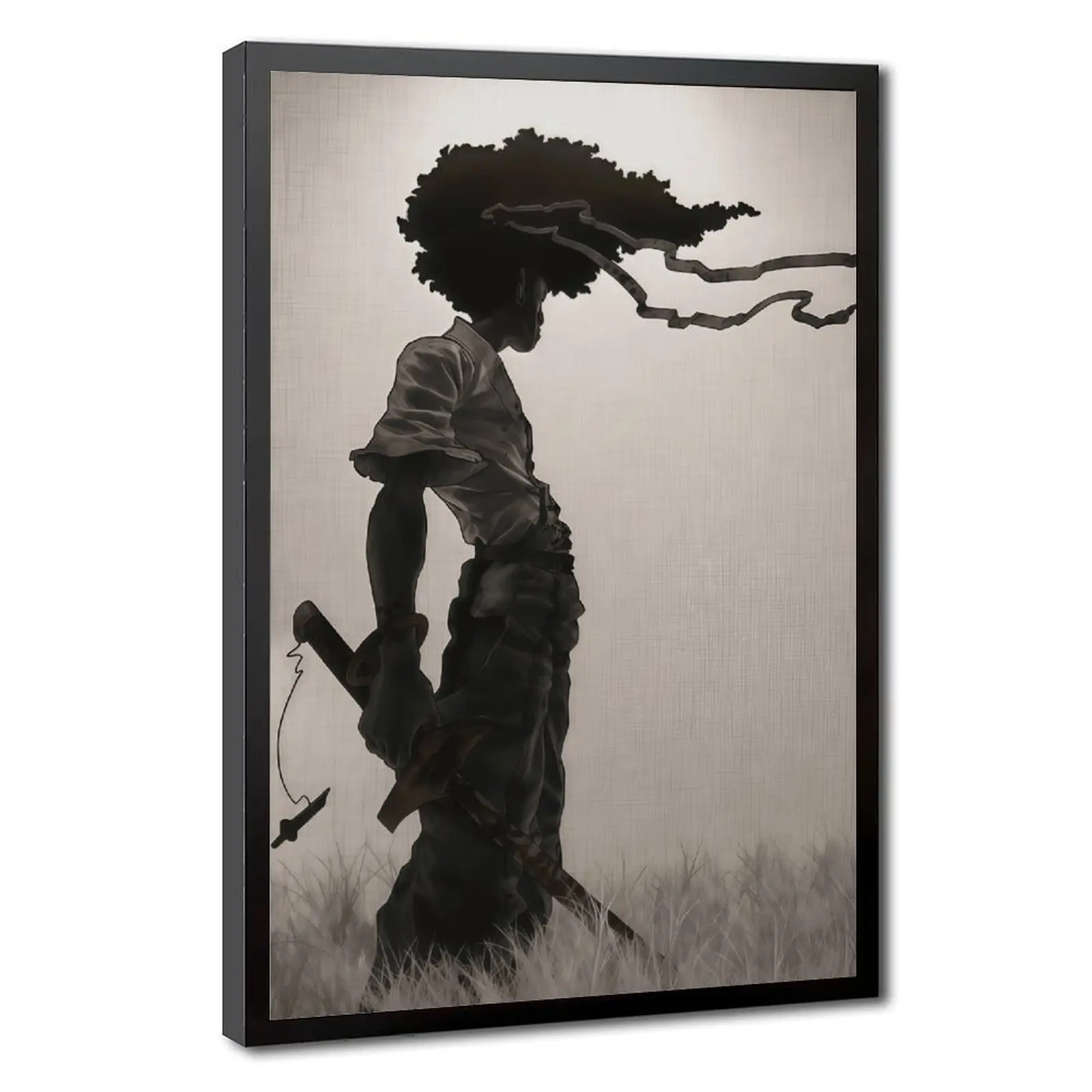 Vintage Afro Samurai Warrior Framed Canvas Wall Art Sepia Tone Anime Samurai Poster Bedroom Aesthetic Home Decor