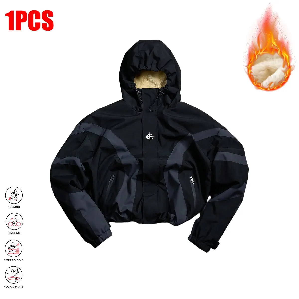 Men’s casual fashion jacket with color-block patchwork design—trendy, versatile outerwear for outdoor sports and leisure, fleece-lined and thickened for warmth, featuring a stretchy hem, hood, and zipper; street-style jacket suitable for outings and trend