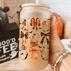 Ghost Reading Glass Cup With lid and Straw, Halloween Bows/Ribbons 16oz Frosted Glass Tumbler with Bamboo Lid, Spooky Season Booktok Gift
