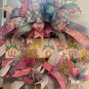 Beautifully Handmade 26"—2 Easter Door Wreath with Pastel Plaid Bow and Glitter Accents for Spring Decor