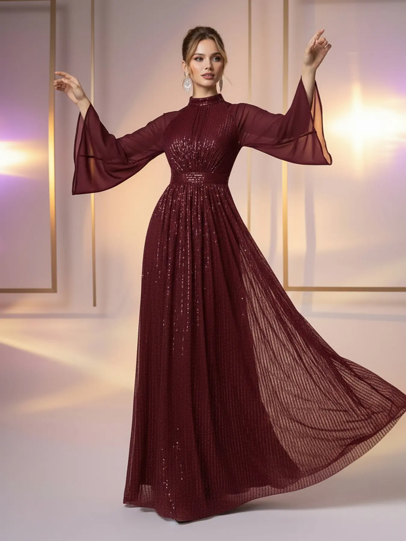 Burgundy sequin maxi dress with a stand-up collar, bell sleeves and Long Sleeves, featuring an elegant vintage style, suitable for evening dinners, wedding guests, upscale balls, and other occasions. - TikTok Shop Burgundy sequin maxi dress with a stand-up collar, bell sleeves and Long Sleeves, featuring an elegant vintage style, suitable for evening dinners, wedding guests, upscale balls, and other occasions. - TikTok Shop