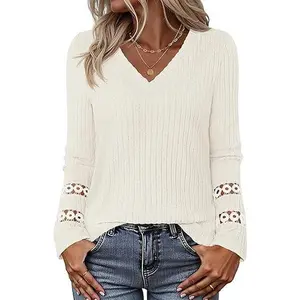 MEROKEETY Womens Long Sleeve Tops 2025 Trendy Fall Winter V Neck Ribbed Sweaters Casual Shirts Blouses