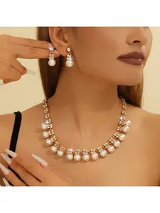 Vintage Necklace Set Women's Jewelry, Rhinestone & Imitation Pearl Exaggerated Jewelry, New Style Bridal Wedding Accessories