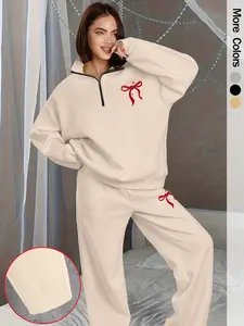 Women's Fashion Bow Print Hoodie and Straight Leg Sweatpants Set, Casual Loose Fit Fall & Winter, Two-Piece Sweatsuit