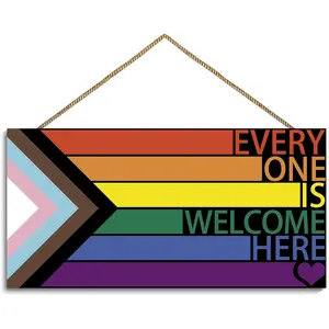 LGBT Rainbow Sign Front Door Decor, Every One Is Welcome Here Pride Flag Wooden Wall Decor, Gay Pride Rainbow Decorations for Home Wall Porch Front Door Classroom Gift Hanging