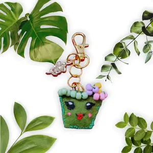 Pocket Critter Petal Pot - Adorable Felt Keychain with Colorful Beads and Gold Clip for Stylish Accessory